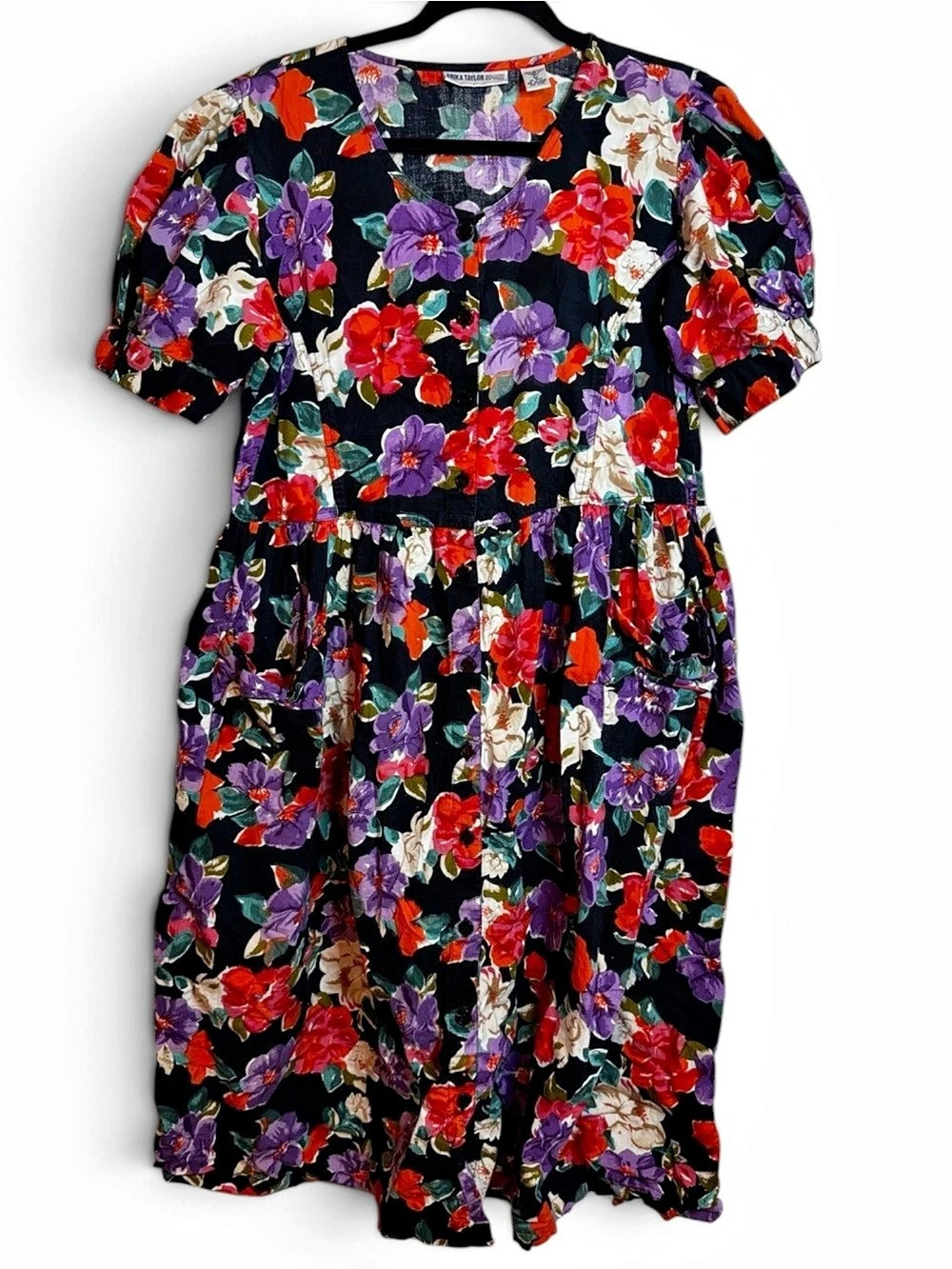 Erika Taylor Sport Floral Midi Dress Black & Red vintage 80s cottagecore prairie